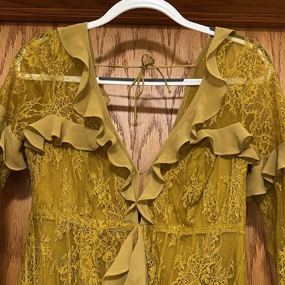For Love & Lemons Daphne Mini Lace Long Sleeve Ruffled Dress, Chartreuse M - Picture 7 of 10